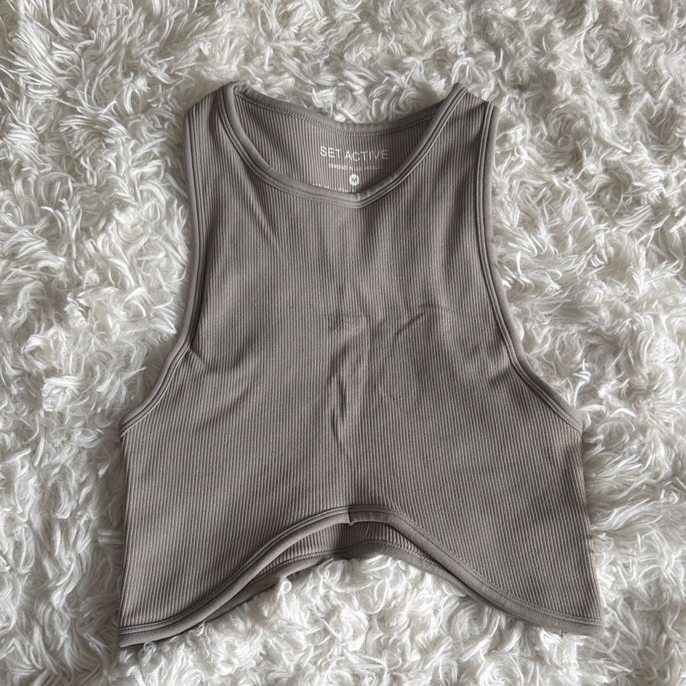 SET Active Taupe Ribbed High-Neck Crop Tank